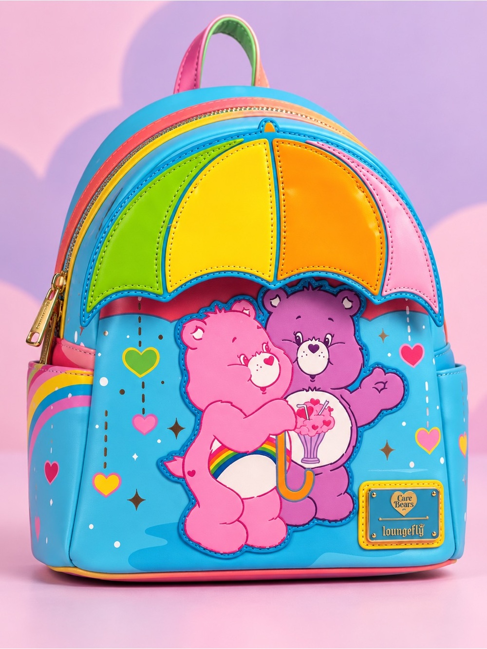 Care Bears loungefly Rainbkw Umbrella Mini Backpack - Bright Blue with Pink